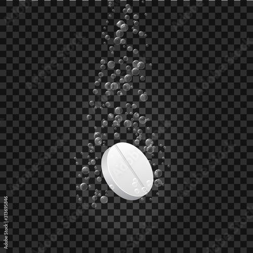 Effervescent dissolving tablet pills in fizzy water. Tablet of antibiotic, aspirin or vitamin soluble. Medicine drug with bubbles effect. Effervescent pharmacy pill on isolated background. vector