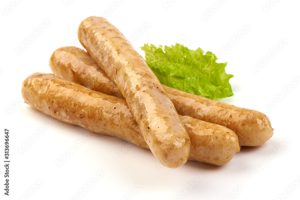 Grilled barbecue chicken sausages, isolated on white background Grilled barbecue chicken sausages, isolated on white background
