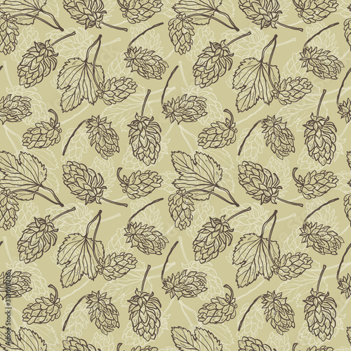 Beer Hops Vector Seamless Pattern. Common Hop or Humulus Lupulus Branch. Leaves and Cones. Vector Floral Background