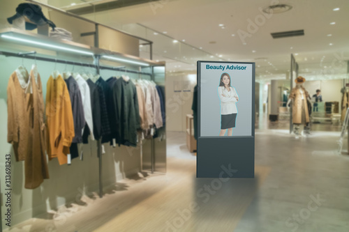 iot smart retail futuristic technology concept, smart Digital Signage display with virtual or augmented reality in the shop or retail advice to choose select ,buy cloths and give a rating of products