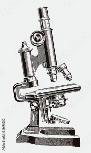 Inclinable optical microscope for examination of unusually large preparations, after historical engraving from 19th century