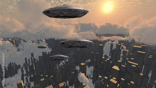 Flying saucers over futuristic megalopolis. Sunset