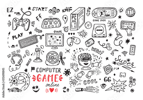 Gadget icons Vector Set. Hand Drawn Doodle Computer Game items. Video Games.