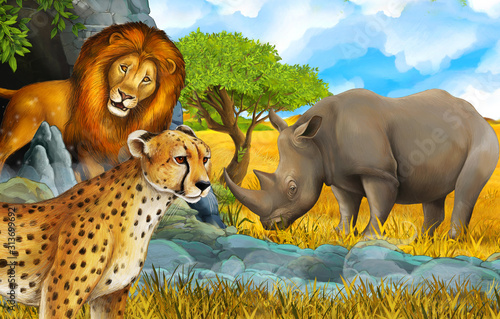 cartoon safari scene with cheetah lion and rhinoceros rhino near the mountain on some meadow illustration for children
