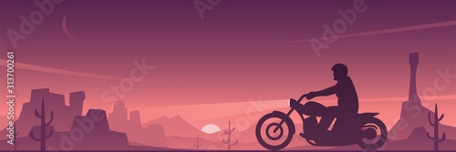 Biker Riding Motorcycle in the Desert Landscape Banner
