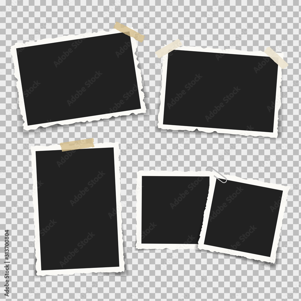 Set of realistic photo frames with retro shapes around the edges, on brackets and pieces of sticky adhesive tape and scotch tape. Vector illustration. - obrazy, fototapety, plakaty 