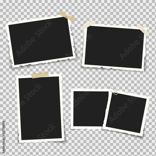 Set of realistic photo frames with retro shapes around the edges, on brackets and pieces of sticky adhesive tape and scotch tape. Vector illustration.