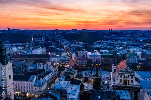 View on a historic center of Lviv at sunset. View on Lvov cityscape from the town hall