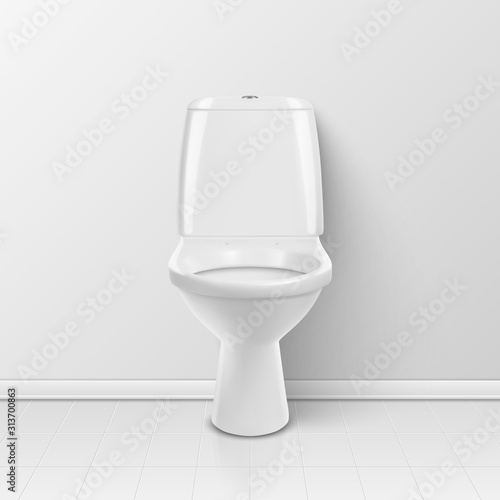 Vector 3d Realistic White Ceramic Toilet in the Bathroom, Toilet Room. Toilet Bowl without Lid, Plumbing, Mockup, Design Template for Interior. Front View. Stock Illustration
