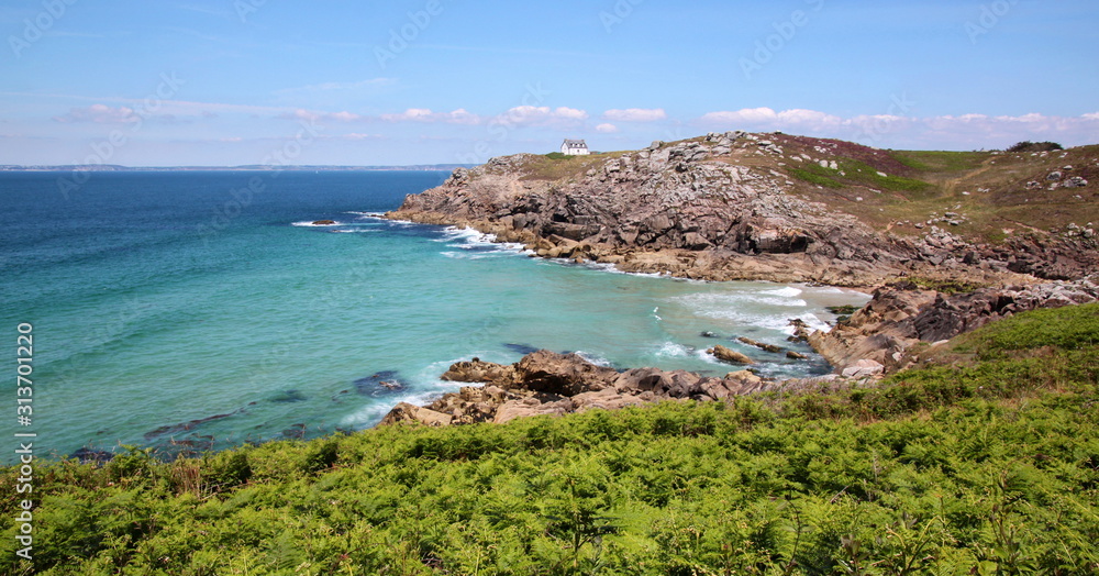 Brittany coastline with a rocky ocean bay and fern plants near Millier lighthouse in Beuzec-Cap-Sizun, France
