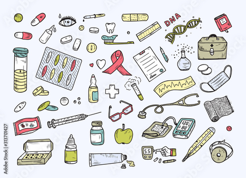 Healthcare and Medicine Vector Set. Hand Drawn Doodle Health items. Drugs and Medical Products and Devices.