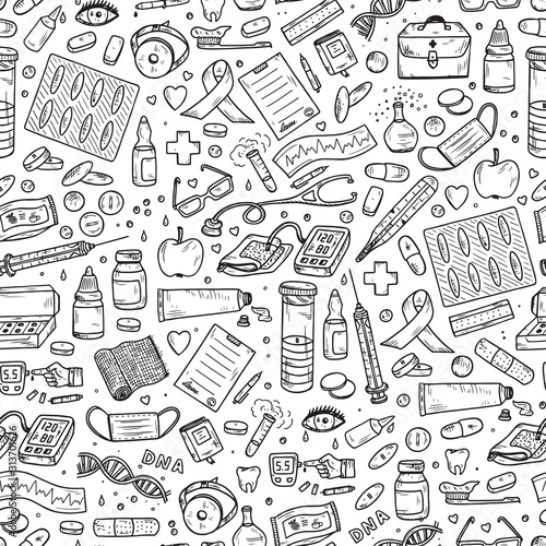 Healthcare and Medicine Vector Seamless pattern. Hand Drawn Doodle Drugs and Medical Products and Devices Background