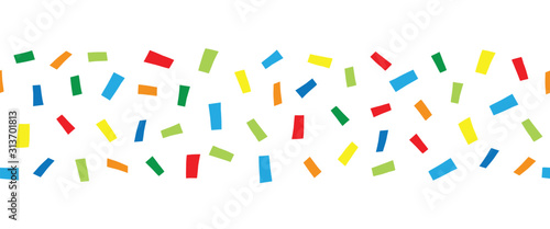 Seamless horizontal border doodle confetti. Vector pattern abstract colorful blocks illustration. Ribbon trim. Red blue yellow green repeating elements. For kids wear, cards, children decor, banner