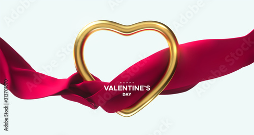 Happy Valentines day. Golden heart shape with flowing red cloth isolated on white background. Vector 3d illustration. Romantic frame and silk fabric. Realistic decoration. Festive card design