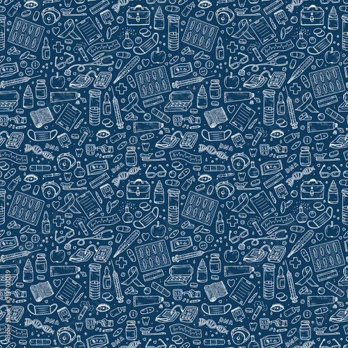 Healthcare and Medicine Vector Seamless pattern. Hand Drawn Doodle Drugs and Medical Products and Devices Background