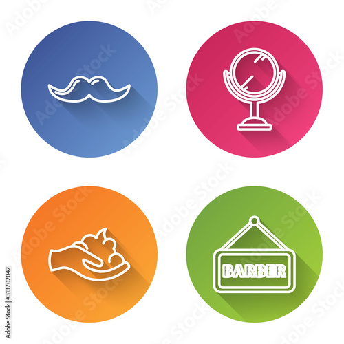 Set line Mustache, Hand mirror, Shaving gel foam on hand and Barbershop. Color circle button. Vector