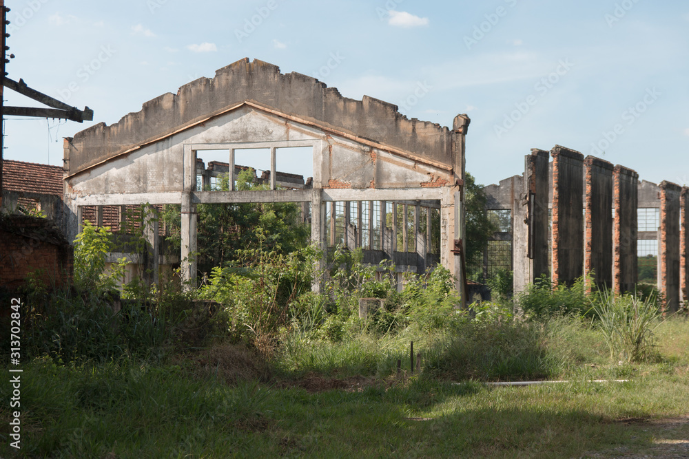 an old shed of an abandoned factory, overgrown with weeds,