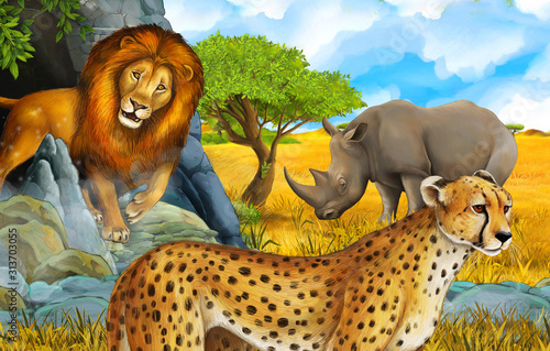 cartoon safari scene with cheetah lion and rhinoceros rhino near the mountain on some meadow illustration for children