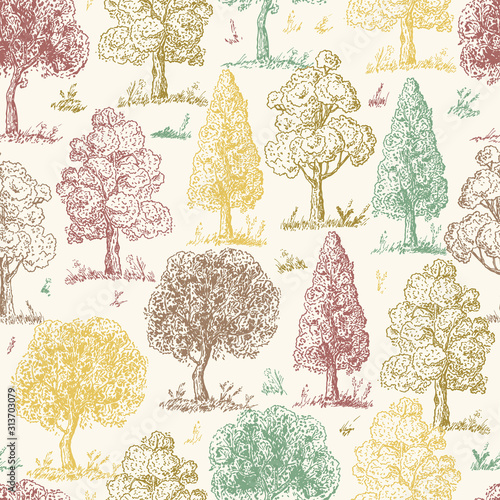 Forest background. Deciduous Trees Seamless pattern. Hand Drawn Tree Sketch Vector illustration