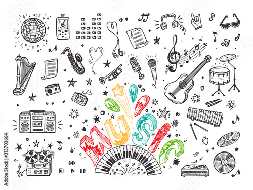 Vector Music icons set. Hand drawn doodle Musical Instruments, Retro musical equipment. Word Music.