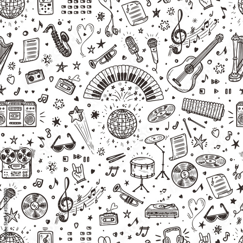 Vector Music background. Seamless pattern with Hand drawn doodle Musical Inst...