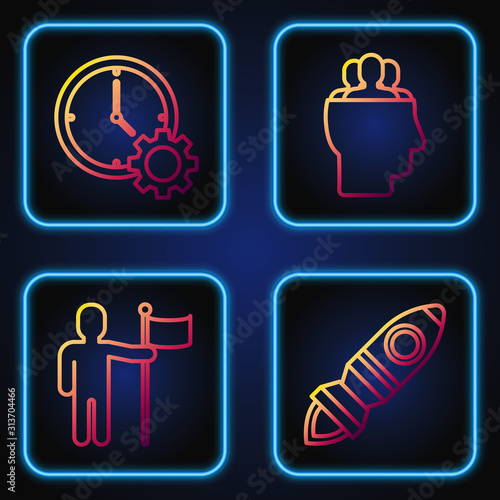 Set line Rocket ship with fire, Man holding flag, Time Management and Project team base. Gradient color icons. Vector