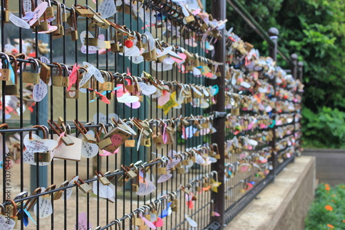 Many love locks (love padlock) on fence in a park