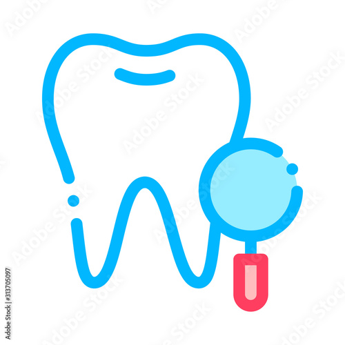 Dentist Stomatology Tooth Survay Vector Sign Icon Thin Line. Magnifier And Healthy Tooth Enamel Linear Pictogram. Chairside Assistance Dental Health Service Contour Illustration