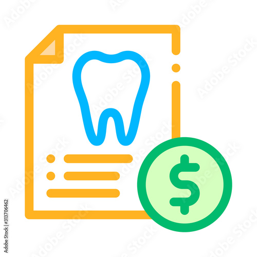 Dentist Stomatology List Vector Thin Line Icon. Tooth On Paper List And Dollar Coin, Tool And Device Linear Pictogram. Chairside Assistance Dental Health Service Contour Illustration