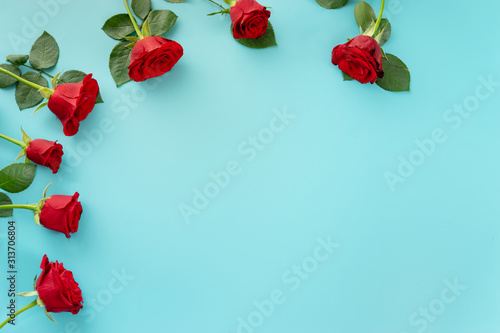 Top view of red roses and hearts for Valentines Day
