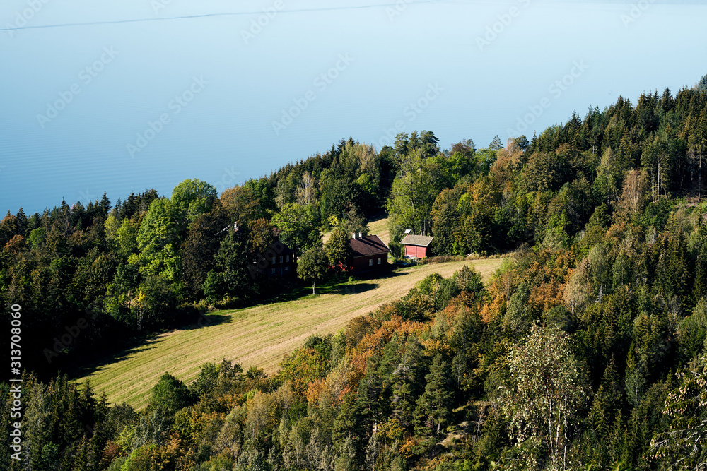 Tyrifjorden. A view from high up, looking over the fjord. A farm i located in the distance