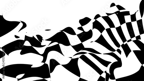 Optical illusion wave. Chess waves board. Abstract 3d black and white illusions. Horizontal lines stripes pattern or background with wavy distortion effect. Vector illustration.