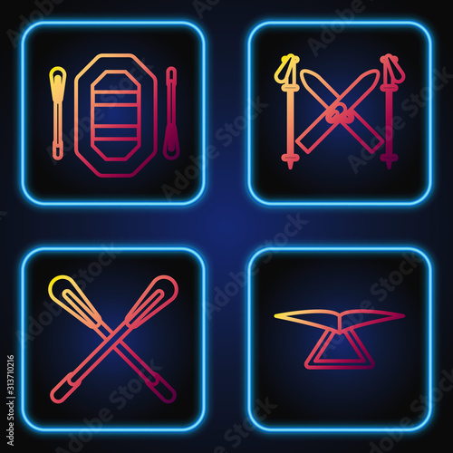 Set line Hang glider, Crossed paddle, Rafting boat and Ski and sticks. Gradient color icons. Vector