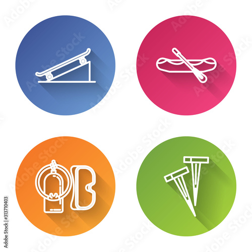 Set line Skateboard on street ramp, Rafting boat, Diving mask and aqualung and Pegs for tents. Color circle button. Vector