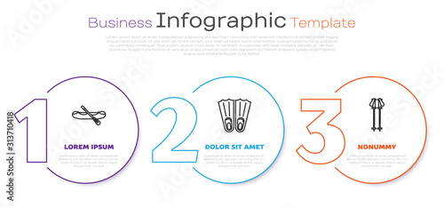 Set line Rafting boat, Rubber flippers for swimming and Ski poles. Business infographic template. Vector