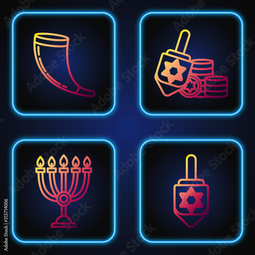 Set line Hanukkah dreidel, Hanukkah menorah, Traditional ram horn, shofar and Hanukkah dreidel and coin. Gradient color icons. Vector