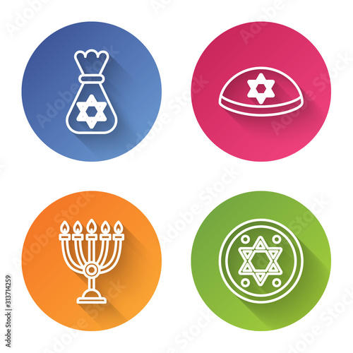 Set line Jewish money bag with star of david, Jewish kippah with star of david, Hanukkah menorah and Jewish coin. Color circle button. Vector photo