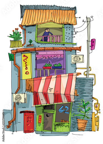 A slum poor residential overpopulated house built from garbage and occasional materials. Cartoon. Caricature.