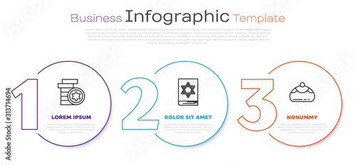 Set line Jewish coin, Jewish torah book and Jewish sweet bakery. Business infographic template. Vector