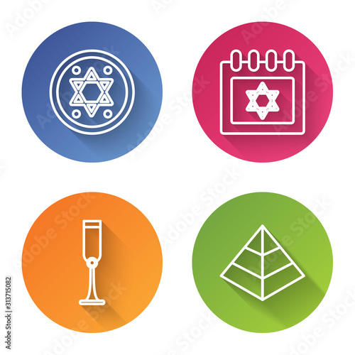 Set line Jewish coin, Jewish calendar with star of david, Jewish goblet and Egypt pyramids. Color circle button. Vector