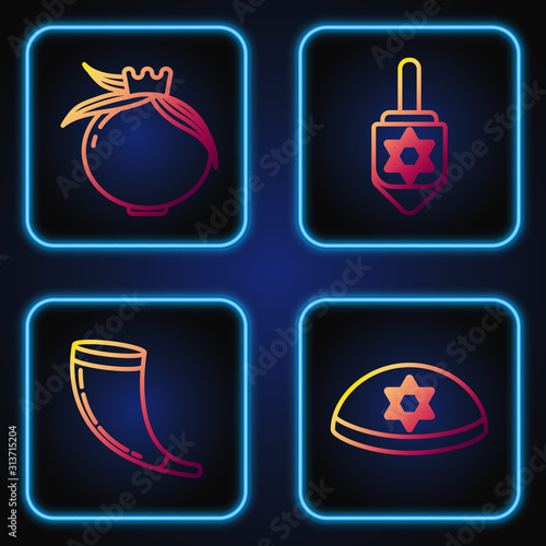 Set line Jewish kippah with star of david, Traditional ram horn, shofar, Pomegranate and Hanukkah dreidel. Gradient color icons. Vector