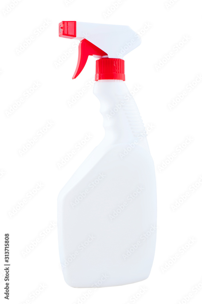 plastic spray bottle of white color with a red nozzle for spraying cleaning products, an isolated object on a white background. plastic spray bottle of white color with a red nozzle for spraying cleaning products, an isolated object on a white background.
