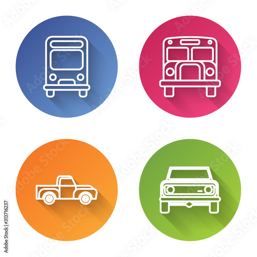 Set line Bus, School Bus, Pickup truck and Off road car. Color circle button. Vector