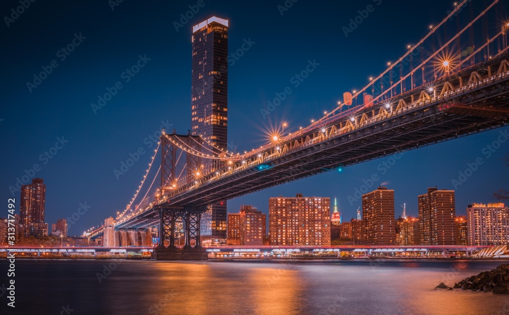 new york bridge night lighting lights buildings skyline brooklyn architecture downtown skyscraper