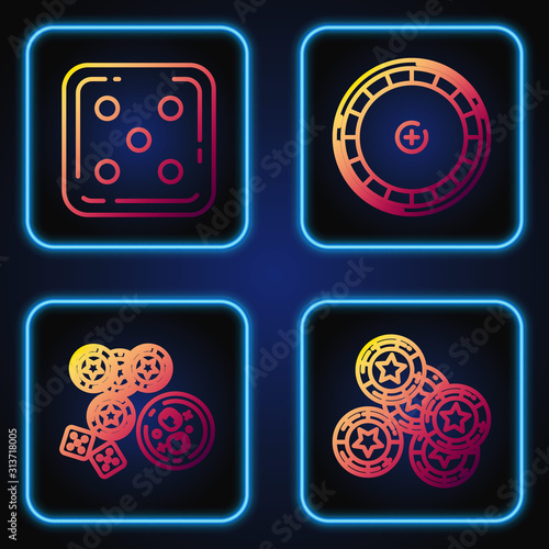 Set line Casino chips, Casino chips, game dice and glass of whiskey with ice cubes, Game dice and Casino roulette wheel. Gradient color icons. Vector