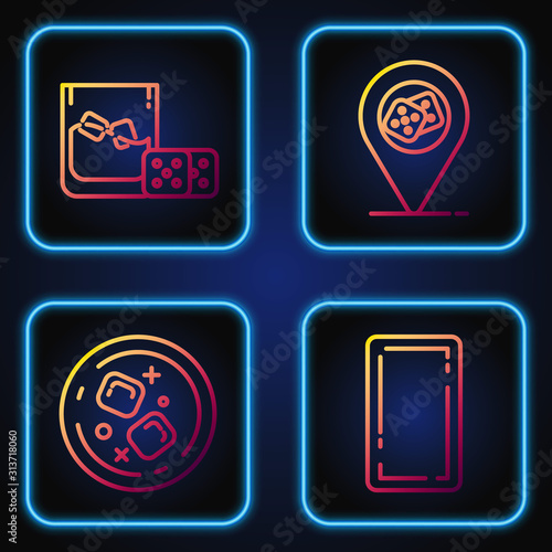 Set line Playing card back, Glass of whiskey and ice cubes, Game dice and glass of whiskey with ice cubes and Casino location. Gradient color icons. Vector