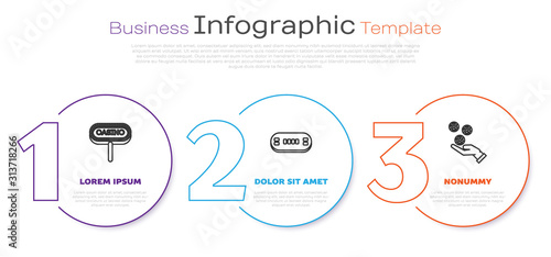 Set line Casino signboard, Poker table and Hand holding casino chips. Business infographic template. Vector