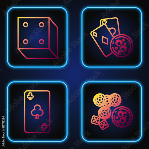 Set line Casino chips, game dice and glass of whiskey with ice cubes, Playing card with clubs symbol, Game dice and Playing cards and glass of whiskey with ice cubes. Gradient color icons. Vector