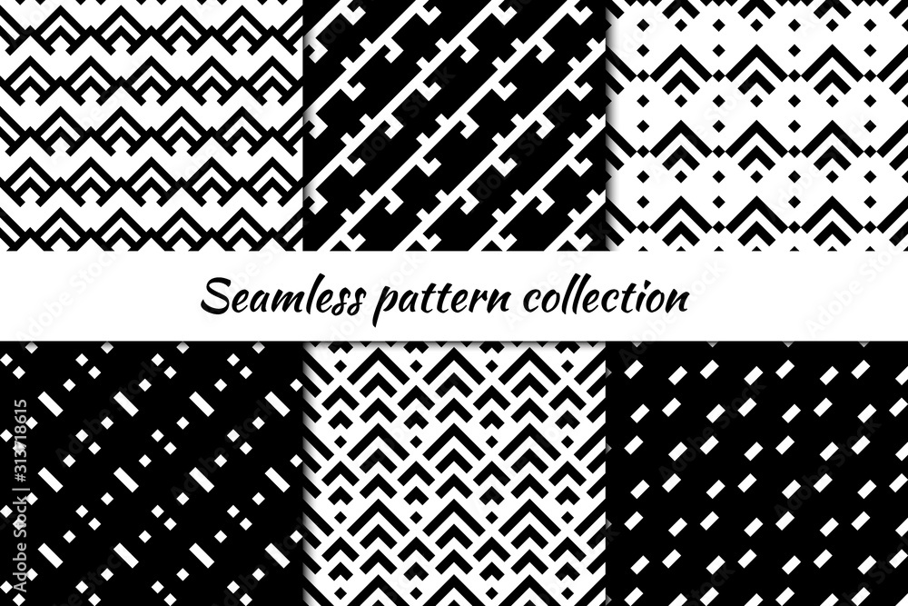 Seamless pattern collection. Geometrical backgrounds set. Repeated scales, chevrons, diagonal lines motif. Geo print kit