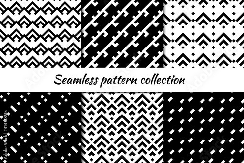 Seamless pattern collection. Geometrical backgrounds set. Repeated scales, chevrons, diagonal lines motif. Geo print kit